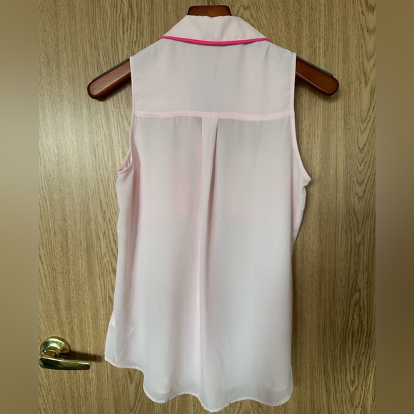 New Express Soft Pink/Hot Pink Trim Button Down Sleeveless Sheer Blouse Womens S - Picture 3 of 4